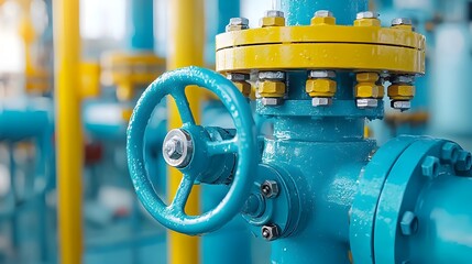 Poster - Close up view of an intricate network of industrial valves pipes and metallic components crisscrossing in a complex geometric layout