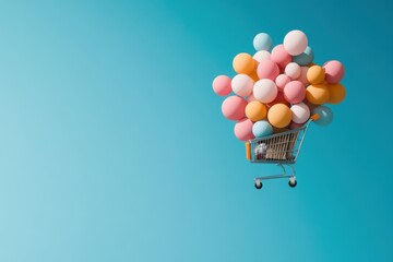 Shopping cart floating with balloons on blue background