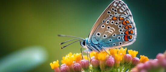 Canvas Print - A blue butterfly with black and orange spots perches on a cluster of yellow and pink flowers.