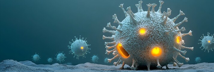 Fototapete - Eerie and ominous abstract 3D visualization of a virus model with spiky surfaces that glow in a mysterious digital Conceptual medical or science background