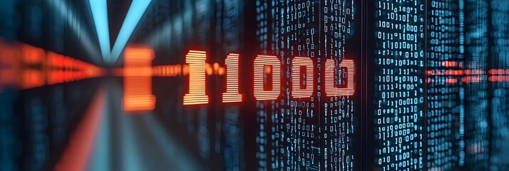 Fototapete - Flowing Binary Code as a Stunning Digital Waterfall Representing the Dynamic Motion and Connectivity of Data and Information in a Futuristic Technological Landscape