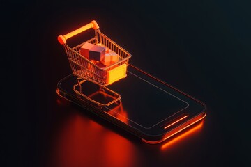 Online Shopping Evolution: A Futuristic Shopping Cart Filled with Colorful Digital Products