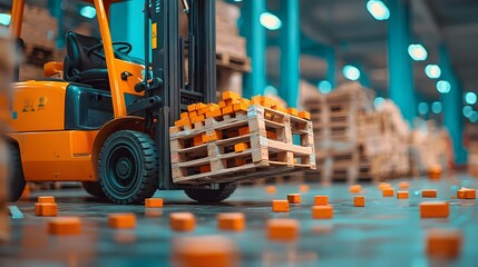 Poster - Forklift Maneuvering Pallets of Bricks for Unloading at Warehouse   Industrial Equipment Transporting Construction Materials in Logistics and Cargo Delivery