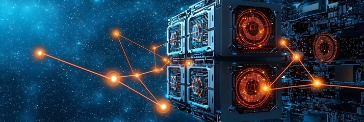 Aufkleber - Glowing digital connections forming intricate constellations in the cosmic universe  Abstract futuristic space design with luminous celestial elements and digital patterns