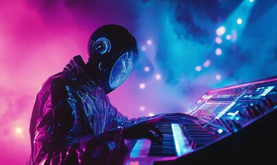 A futuristic figure plays a keyboard in neon light.