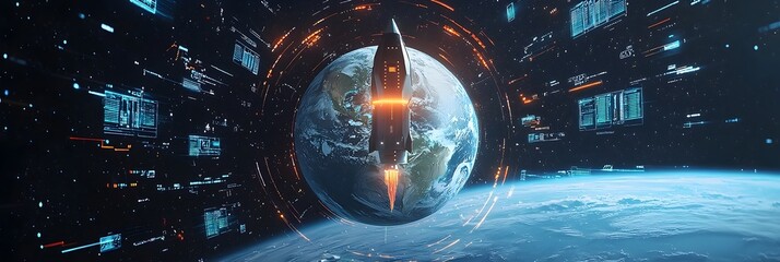 Fototapete - Holographic Projection of Planet Earth Surrounded by Futuristic Digital Data Streams Representing the Interconnectedness of Global Technology Information