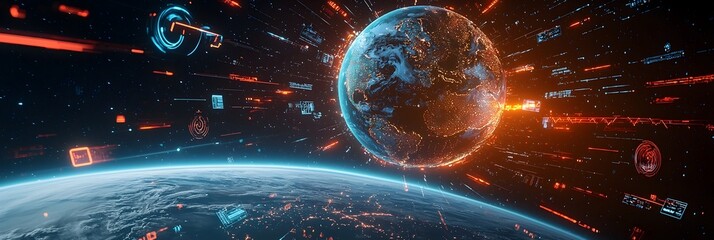 Fototapete - Holographic projection of the Earth surrounded by dynamic data streams visualizing the interconnected nature of global information and the potential of future technological advancements