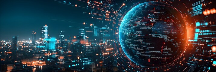 Fototapete - Holographic Projection of Earth Surrounded by Dynamic Data Streams Representing the Interconnected Global Network of Information and Technology