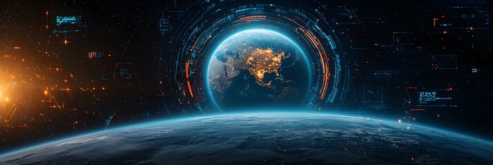 Fototapete - Mesmerizing holographic projection of the planet Earth encircled by dynamic data streams showcasing the interconnectedness and technological advancements of the digital world