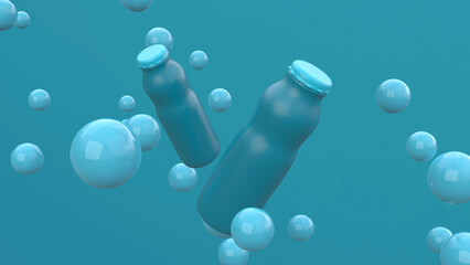 Two bottles flying in the air on the blue background with floating spheres. Package design. 3d illustration.