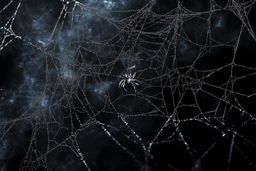 Real creepy spider webs on black banner