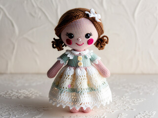 The doll has light brown hair that is braided into curls. and decorated with a white bow in the hair The doll's face is bright and smiling. dark pink cheeks The black eyes are big and cute.