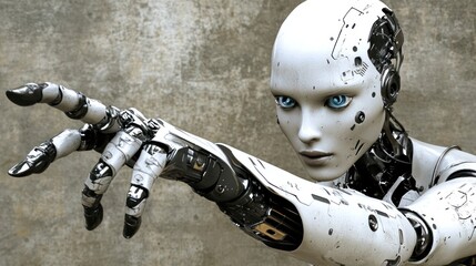 Aufkleber - Close-up of a humanoid robot's face and outstretched hand