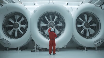 Aufkleber - Crew of engineers and mechanics inspecting and maintaining the internal ship engines in the engine room of a large cargo vessel to ensure proper functioning and safety during transportation