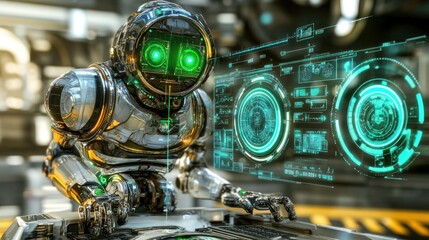 Fototapete - A Futuristic Robot Using a Digital Interface