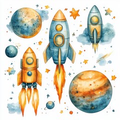 Watercolor style illustration of rocket, spaceship and outer space. Bright colors, cute style on white background. It is a clip art that helps in designing various graphics.