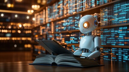 Aufkleber - A White Robot Reading a Book in a Library Setting