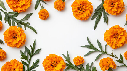 Marigold flowers isolated on white background, frame. Day of the Dead card. Postcard mockup, Dia de los Muertos with copy space.