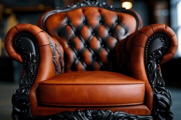 A beautifully crafted vintage leather armchair dominates a luxurious interior setting, highlighting classic design, comfort, and elegance with detailed finish and ornamentation.