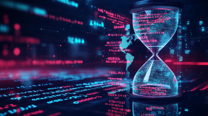 The idea of technology constantly improving, shown by a traditional hourglass with the world and computer code inside.low poly digital wireframe.