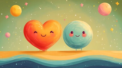 playful illustration of cartoon heart and planet mascots in a 70s retro style set against a bright a