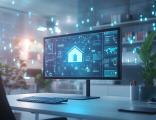 Digital smart home system on a computer screen with icons of security, energy, and a digital house model floating in the air over a desk in a modern office interior.