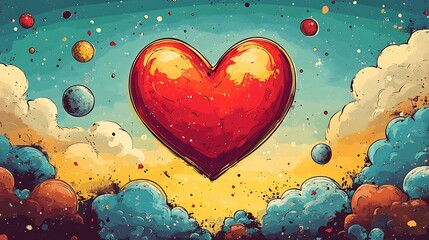 Wall Mural - playful illustration of cartoon heart and planet mascots in a 70s retro style set against a bright a