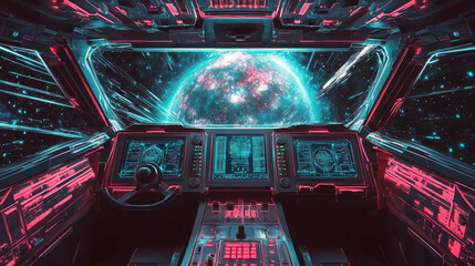 The spaceship's screen shows a view of the galaxy, with buttons and controls for navigation.low poly digital wireframe.