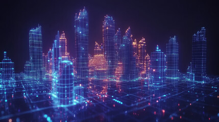 A smart city uses data visualization to show information clearly. Imagine a holographic city with a futuristic interface that displays real-time data from connected devices.low poly digital wireframe.