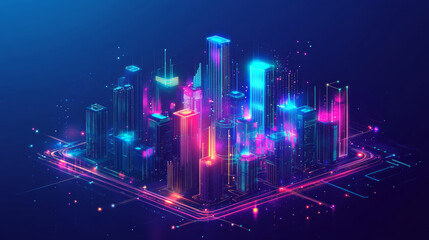 A smart city uses data visualization to show information clearly. Imagine a holographic city with a futuristic interface that displays real-time data from connected devices.low poly digital wireframe.