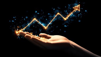 Hand holding up a glowing graph of stock market growth with an arrow pointing upwards on a black background, symbolizing business success and progress in the financial 