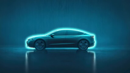 Wall Mural - A futuristic car silhouette illuminated with blue light in a dark environment