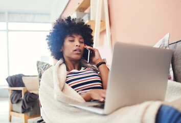 Sticker - Laptop, phone call and remote work with sick black woman on sofa in living room of home for research. Blanket, computer and recovery with freelance business employee in apartment for communication