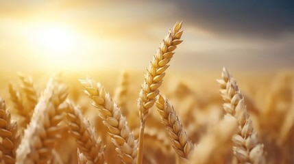 Golden wheat stalks sway gently in the sunlight against a dramatic sky, symbolizing harvest and nature's bounty.