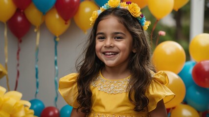 Female hispanic girl in yellow attire on kids background