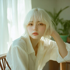 Wall Mural - a boyish-looking young Japanese woman with platinum blonde hair with bangs sits leaning against the back of a chair. wearing a loose white shirt, an open collar, casual and simple. gaze looks camera