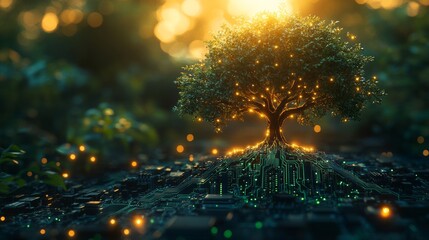 Poster - Tree growing from circuit board under golden sunlight, blending nature and technology. Innovation and sustainability concept