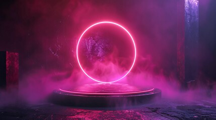 Canvas Print - Mystical futuristic portal surrounded by mist. Circular illuminated sci-fi teleporter with neon lights and sparkling night backdrop. Radiant stage.