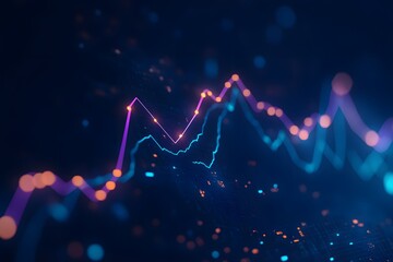 Illustration of a stock market graph, a line chart with an upward trend on a dark blue background. Concept for financial data and business growth.