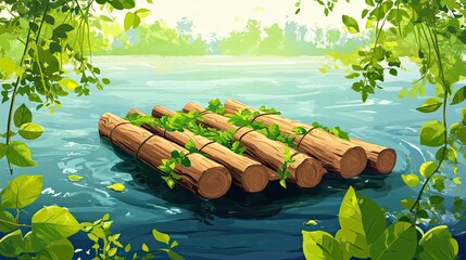 Poster - A Raft of Logs Floating on a Tranquil River, Surrounded by Lush Green Foliage