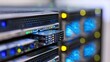 © BOJOShop - Data Center Server Rack Close Up with Glowing Lights and Network Connections
