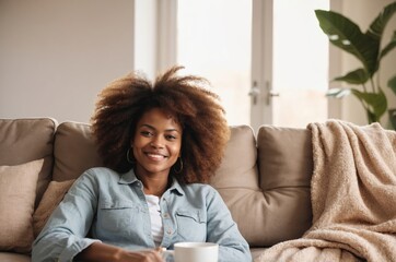 Wall Mural - Curly-haired African American woman enjoying coffee on couch in living room