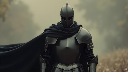 Vintage boho artistic image of menacing black armored knight with black cape