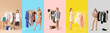 © Pixel-Shot - Set of female stylists near racks with modern clothes on color background