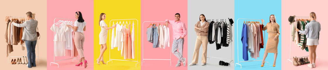 Sticker - Set of stylists near racks with modern clothes on color background