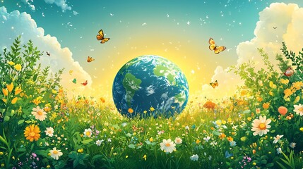 Wall Mural - whimsical earth day background showcasing cartoonstyle earth surrounded by playful animals plants an
