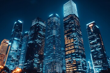 Fototapete - A low angle view of a cityscape with tall buildings lit up at night.
