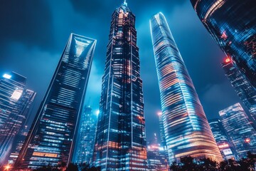 A low angle view of towering skyscrapers illuminated by neon lights against a dark blue sky.