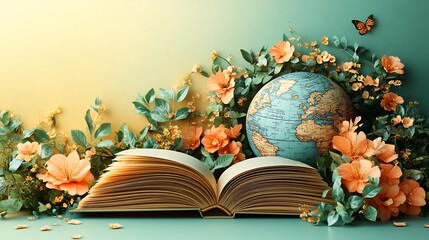 Wall Mural - world teacher's day celebration concept an open book a globe and flowers set against a warm golden b