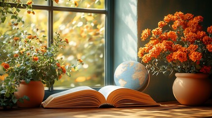 Wall Mural - world teacher's day celebration concept an open book a globe and flowers set against a warm golden b
